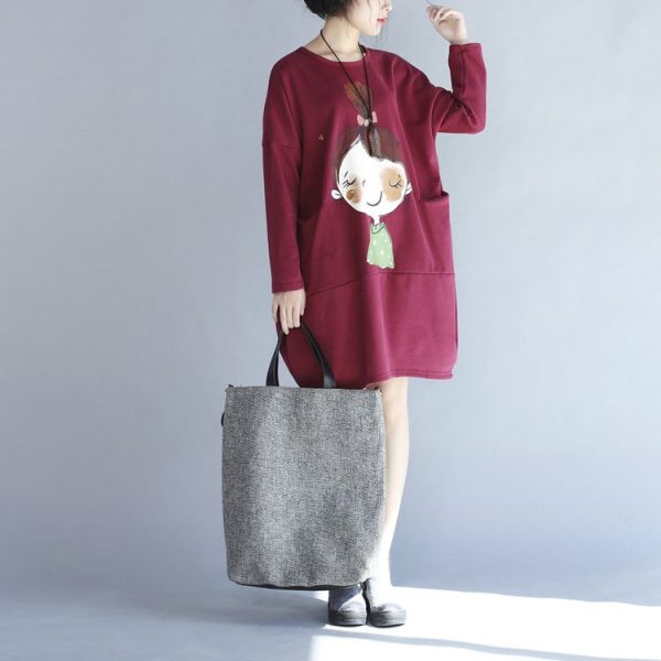 winter red thick prints cotton dresses plus size long sleeve shift dress - Image 3