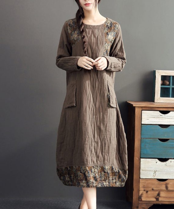 winter warm khaki prints patchwork cotton dresses linen plus size casual long sleeve thick dress