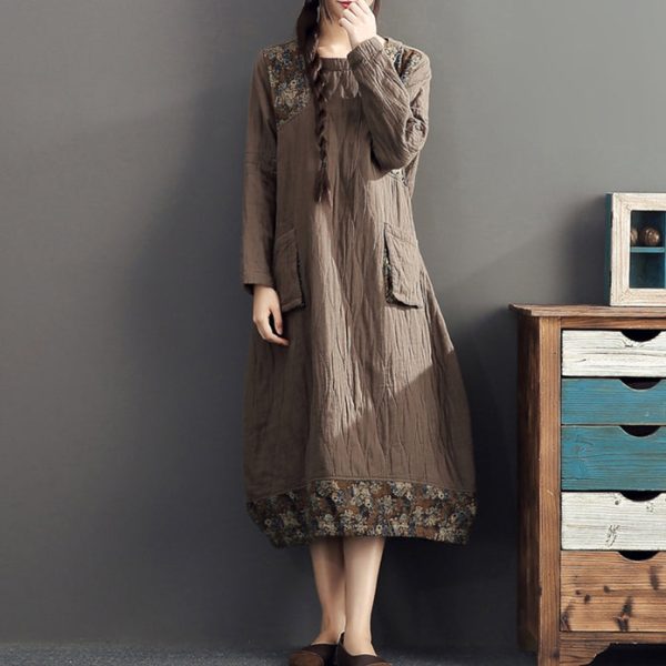 winter warm khaki prints patchwork cotton dresses linen plus size casual long sleeve thick dress - Image 2
