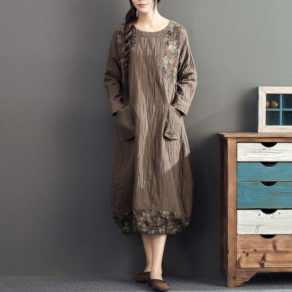 winter warm khaki prints patchwork cotton dresses linen plus size casual long sleeve thick dress - Image 3