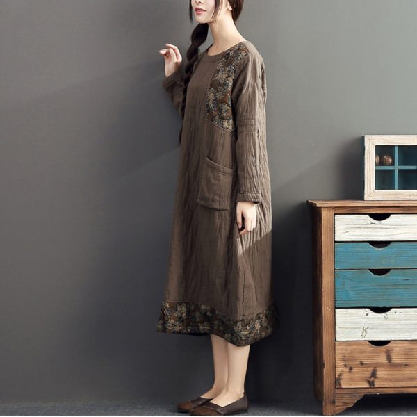 winter warm khaki prints patchwork cotton dresses linen plus size casual long sleeve thick dress - Image 4