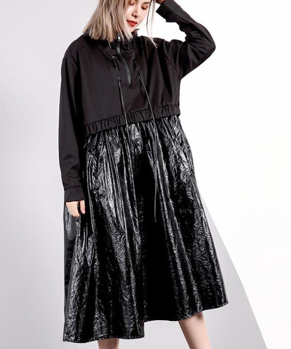 women black fall oversized traveling clothing drawstring Elegant hooded patchwork dresses