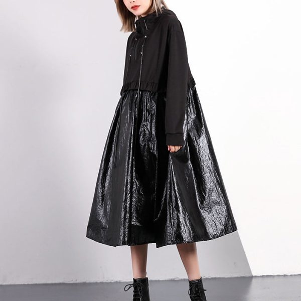 women black fall oversized traveling clothing drawstring Elegant hooded patchwork dresses - Image 3