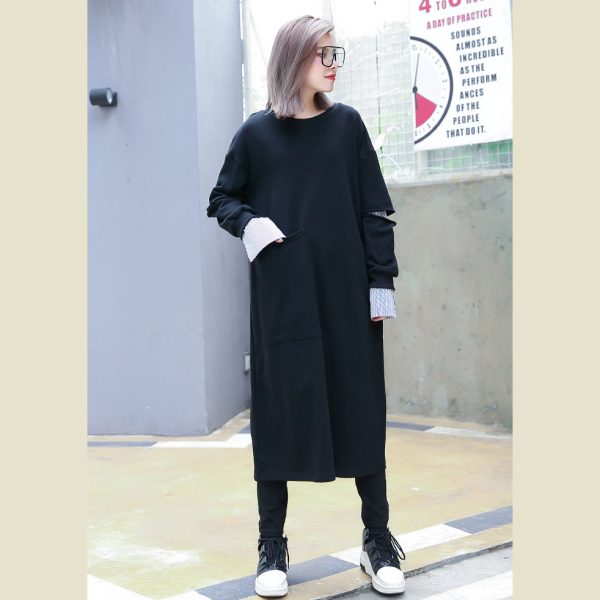 women black natural cotton dress oversize O neck caftans vintage pockets patchwork caftans - Image 2