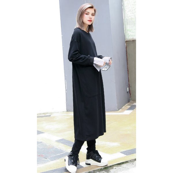 women black natural cotton dress oversize O neck caftans vintage pockets patchwork caftans - Image 3