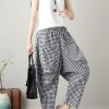 women black plaid casual cotton pants plus size big pockets crop pants