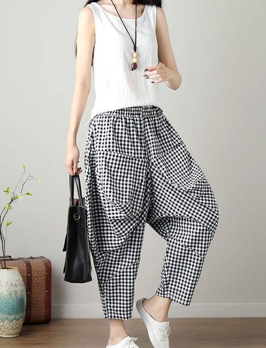 women black plaid casual cotton pants plus size big pockets crop pants