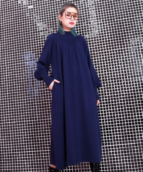 women blue fall casual stand collar traveling dress 2018 pockets baggy dresses