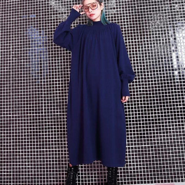 women blue fall casual stand collar traveling dress 2018 pockets baggy dresses - Image 2