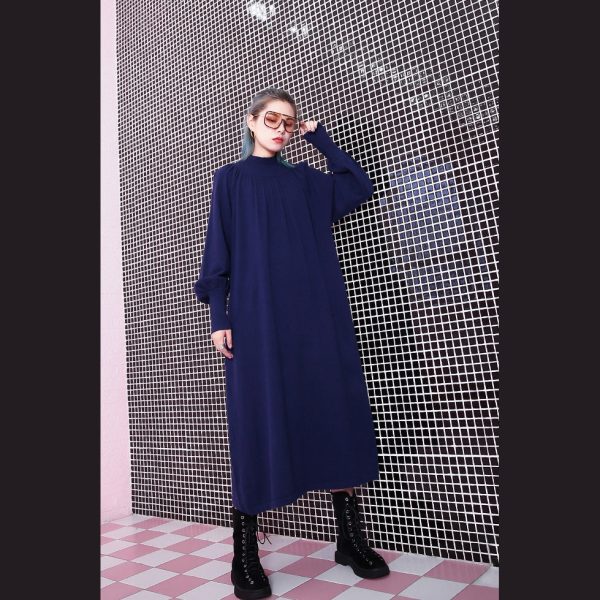 women blue fall casual stand collar traveling dress 2018 pockets baggy dresses - Image 3