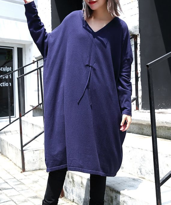 women blue plus size casual baggy dresses 2018 V neck drawstring cotton blended dress