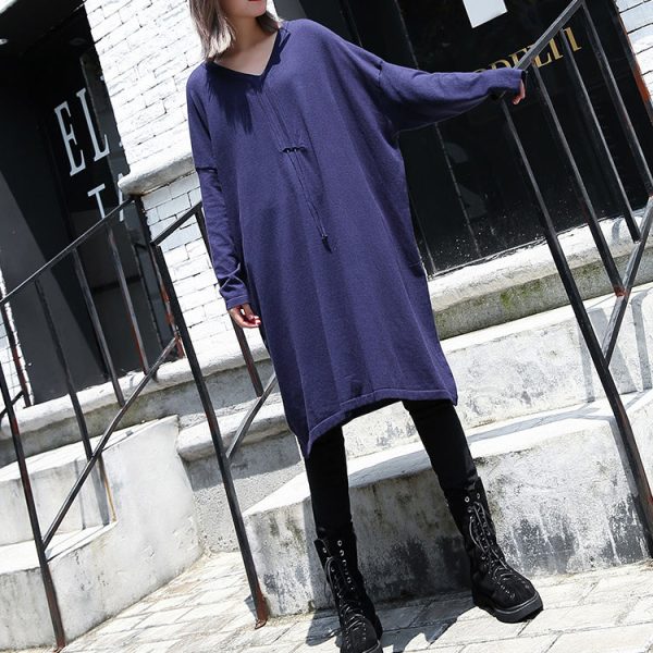 women blue plus size casual baggy dresses 2018 V neck drawstring cotton blended dress - Image 3
