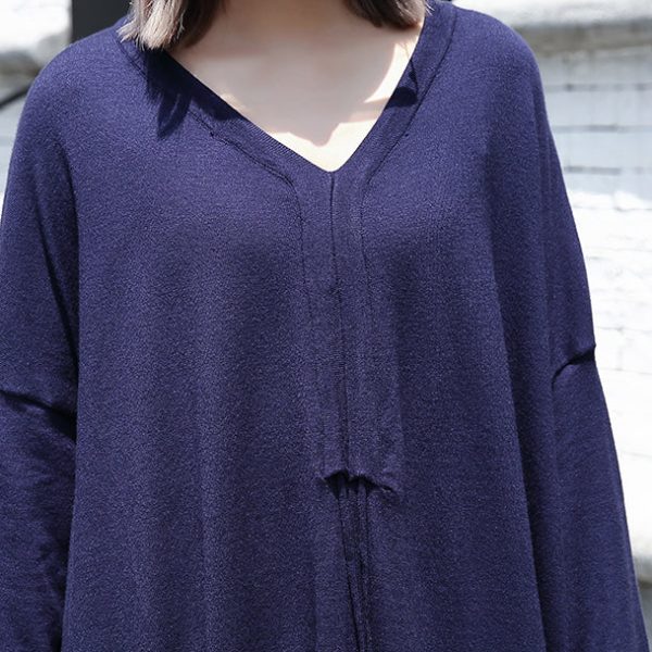 women blue plus size casual baggy dresses 2018 V neck drawstring cotton blended dress - Image 5