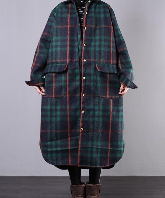 women green plaid wool overcoat plus size clothing Winter coat lapel pockets coats