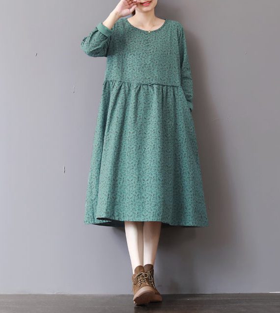 women green prints 2018 fall dress casual patchwork fall dresses New long sleeve maxi dresses