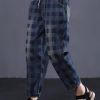 women new navy plaid cotton casual pant vintage elastic waist pants