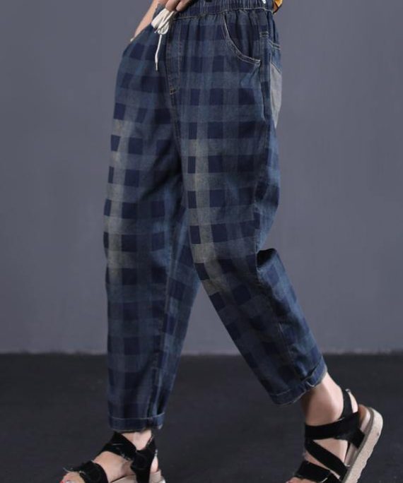 women new navy plaid cotton casual pant vintage elastic waist pants