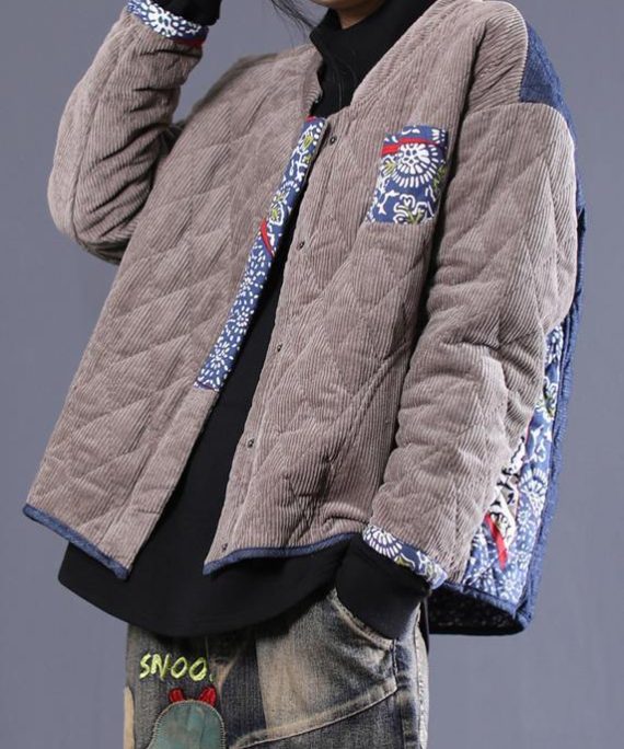 women plus size Jackets overcoat gray patchwork blue stand collar parkas