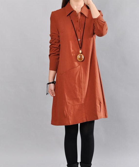 women red cotton dress casual linen dress fine big pockets long sleeve cotton shirt clothing